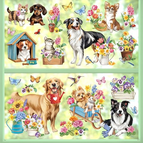 decalmile Fensteraufkleber Frühling Hunde Katzen Fenster Abziehbilder Golden Retriever Hund Garten Blumen Anti-Kollision Fensterfolie Glas Fensterdeko Aufkleber
