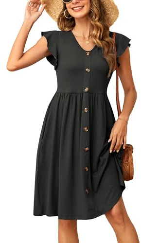 SENBATU Vestidos de Verano Vestido de Playa con Cuello en V y Mangas con Volantes para Mujer Vestido Midi Plisado con Bolsillos Liso Negro Small S 34-36