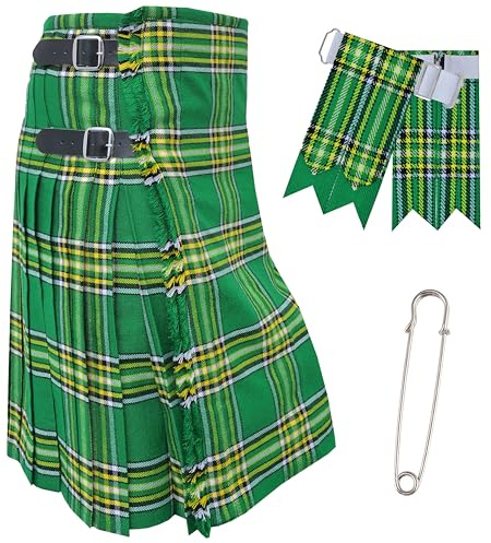 Kilts tartan de qualité supérieure pour homme, kilt écossais traditionnel irlandais Pride – 4,6 m de laine acrylique de 453,6 g avec sangles en cuir, flashes de kilt et épingle à kilt, Irish Pride,