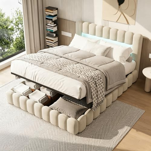 BRILVERDE Vadderad säng 180 x 200 med hydraulisk låda, LED-dubbelsäng med USB, funktionell säng med sänggavel, sängstomme med ribbotten, linne (beige, 180 x 200 cm)