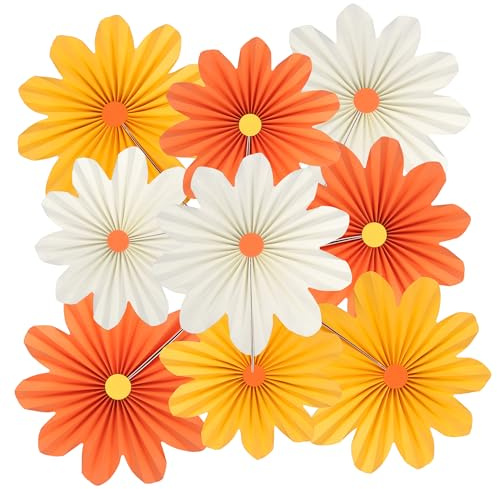 9Pcs Paper Flower Decorations, Daisy Party Decorations Orange Yellow Hanging Paper Fans Party Decoration, Paper Flowers Decoration for Wedding Classroom Birthday Baby Shower Wedding Wall Backdrop