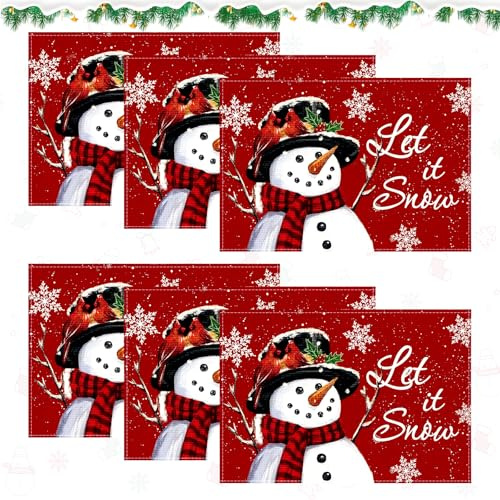 Koxtyzo Set di 6 Tovagliette Natalizie, 45x30 cm Sottopiatti Natalizi, Sottopiatto Lino Tessuto Set con Pupazzo di Neve e Fiocchi di Neve, Tovagliette Tavola Natalizio Rosse