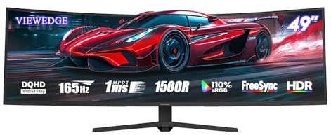 Viewedge 49 Curved Monitor Ultrawide Gaming 165Hz 1ms 32:9 DQHD 5120 x 1440P Computer Monitor, R1500, 110% sRGB, DisplayPort, HDMI,Support Crosshair and Wall Mount