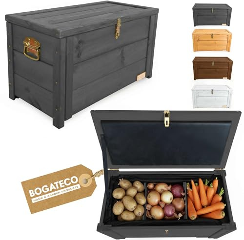 BOGATECO Gartenbox Holzkiste mit Deckel | Thermobehälter | Isoliert Kaste zur Aufbewahrung von Obst und Gemüse 55L | Verstellbare Fächer 79x46x39cm