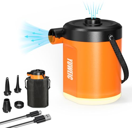 YUWEIC Camping Electric Air Pump,18W 5000mhARechargeable Camping Electric Pump with Fast In/Deflating,4kpa 280L/Min,Inflatables (3Modes),3 Nozzles for Air Bed,Air Mattress Pump,for Swimming Pool