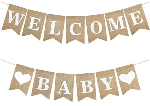 NISENTIA 13 banderines de bienvenida para bebé, guirnalda vintage de lino, decoración para el hogar, bienvenida al hogar, para bebés o niños, guirnalda rústica con letras, banderines para el hogar