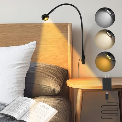Obeaming Wall/Headboard Mounted Reading Light, Minimalist Bedside LED Reading Lamp, CRI 95+ Dimmable Book Light, Dual Switches (Brightness & 3 Color Temp), 300° Rotatable Head, USB-C Powered