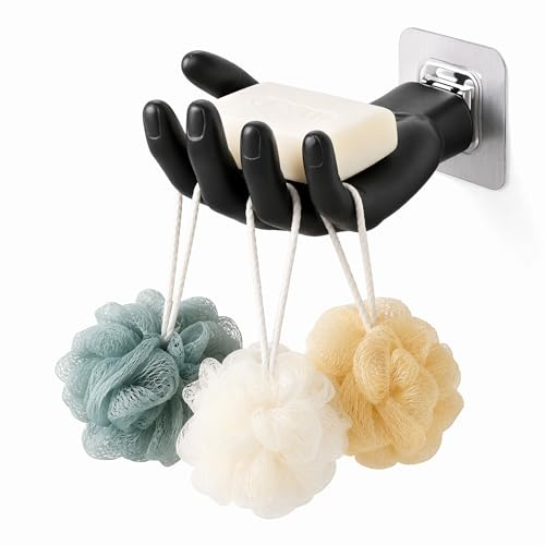 Handförmige Seifenschale selbstklebend ohne Bohren – 5 Haken. Wandmontage, Kunststoff, schimmelresistent (Mold), seifenhalter mit Ablaufrinne. seifenschale dusche, Badezimmer seifenhalter(schwarz)