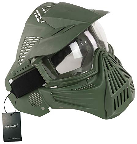 WISEONUS Masque Airsoft Paintball Plein Visage Tactique Effacer Masque de Protection Airsoft Equipement Halloween Costume Accessoires (OD)
