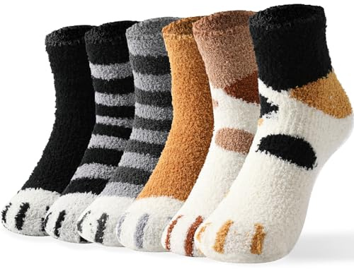 MOCOCITO Calze Donna in Cotone Corallo 6 Paia con Gatti e Zampette, Calzini Invernali Morbidi e Caldi Taglia 35-42, Divertenti e Colorati, Stile Cartoon Animale Gatto Paw, Idea Regalo per Natale