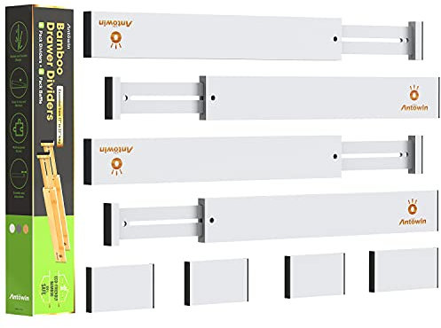 ANTOWIN Divisori per cassetti in bambù, separatori per cassetti, 43-55,9 cm, organizer regolabile a molla per utensili grandi, vestiti, cassetti degli attrezzi (bianco)