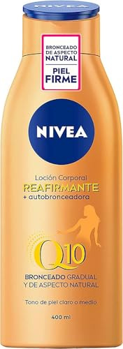 NIVEA Q10 Loción Corporal Reafirmante + Autobronceadora (400 ml), crema hidratante corporal con coenzima Q10, crema bronceadora para tono de piel claro a medio