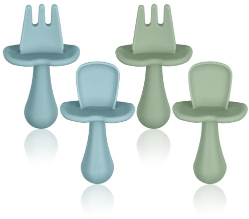 Vicloon Cucchiaino Svezzamento, 4PCS Cucchiaios Forchetta, Forchetta e Cucchiaino silicone, Cucchiaios e Forchettas da Addestramento per L'alimentazione