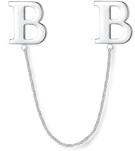 HONEY BEAR Broche Clips Chaîne Pins Lettres Initiale Alphabet De A à Z pour Costume Homme/Femme,Épingle d'étiquette de col de cou avec pompon，Acier inoxydable pour cadeau d'affaires,Argent (B)