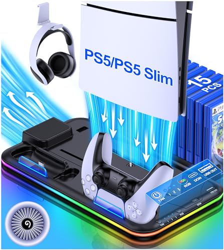 PS5 Halterung mit 4-stufiger Kühlung und RGB-LED PS5 Dual Schnell Ladestation für PS5 Digital/Disc, Zubehör PS5 Kühlstation PS5 enthalten