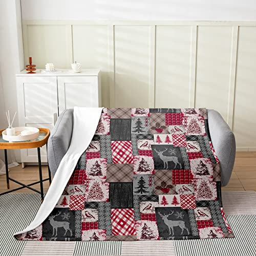 Weihnachts Patchwork Flanell Plüsch Decke Rot Grau Büffelkaro Decke Werfen für Kinder Jugend Vintage Weihnachtsbäume Schneeflocken Fleece Decke Weihnachten Hirsch Vogel Muster Flauschige Decke