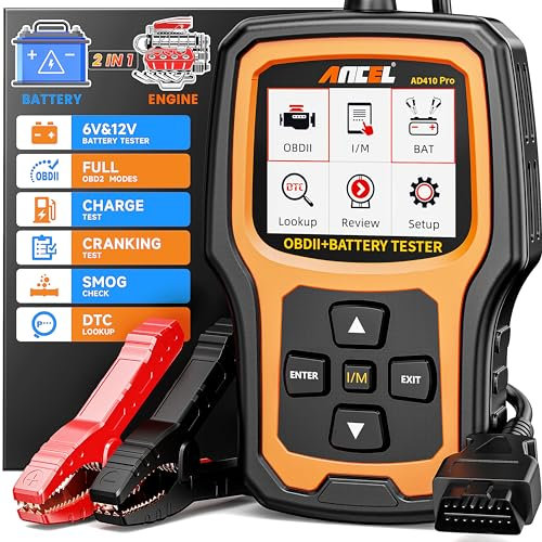 ANCEL AD410PLUS 2in1 OBD2 Diagnosegerät Auto Batterietester, Universal KFZ Fehlercode Lesegerät mit Vollen OBD2 Funktionen, 6V 12V 100-2000CCA Autobatterie Tester mit Batterie- Anlasser- und Ladetest