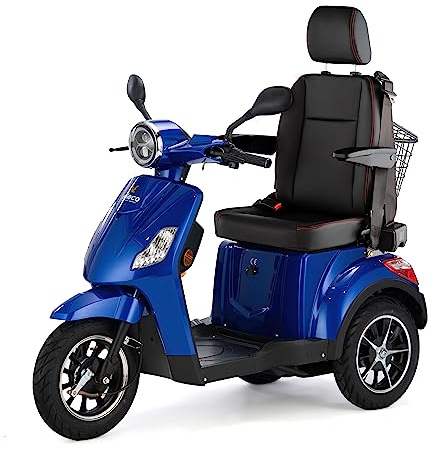 VELECO DRACO LIT-ION mit Kapitänssitz - 3 Rad Mobilitätsroller – komplett montiert und fahrbereit – herausnehmbarer Lithium-Ionen-Akku – elektromagnetische Bremse – Sicherheitsgurt Elektromobil (Blau)