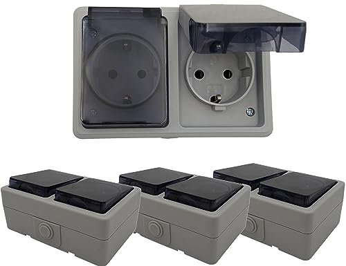 Lot de 4 prises doubles pour pièces humides - Montage en saillie - 16 A / 230 V / IP44