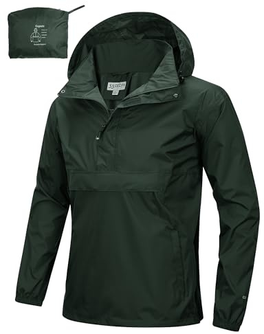 33,000ft Herren Regenjacke Leichter Wasserdichter Packbarer Pullover mit Kapuze und Reflektor für Fahrrad Wandern Outdoor, Armeegrün M
