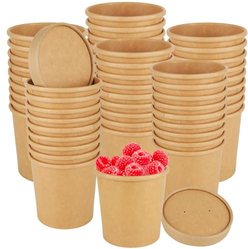 GBACHOOSE 100 Pcs Brown Kraft Disposable Soup Cups Containers with Lids, 12oz (350ml) Paper Soup Bowls Takeaway Tubs for Ice Cream Hot Soup（50pcs Cups and 50pcs lids）