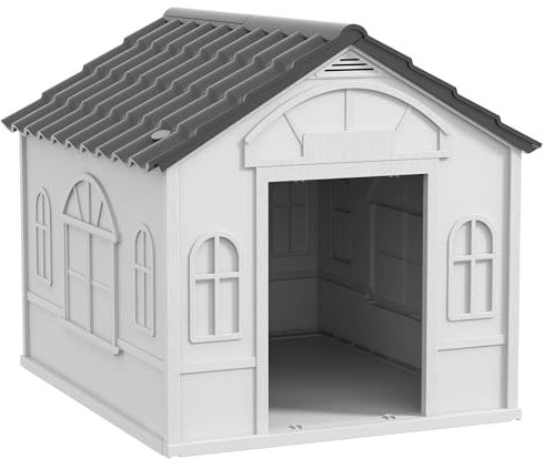 PawHut Weather-Resistant Dog House, Puppy Shelter for Medium Dogs - Grey