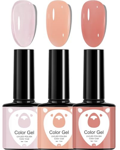 Pink Jelly Gel Nail Polish Set, 3 PCS Milky White Nude Peach Light Pink Coral Gel Nail Varnish Sets, Natural Pink Soak off UV/LED Gel for DIY Manicure Home Nail Art