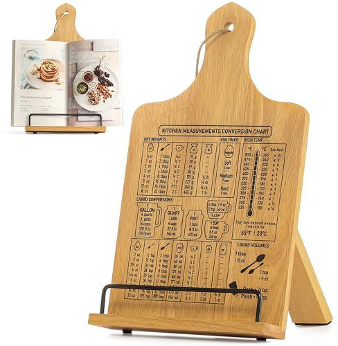 FANATU Kochbuchständer, rustikaler Holz-Kochbuchhalter, Schneidebrett-Stil mit Messumrechnungstabelle, verstellbarer Rezept-iPad-Tablet-Bücherhalter und Ständer für die Küche mit rutschfestem Ständer