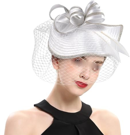 Yeuyyben Fascinator für Damen, für Bankett, Hochzeit, Tanz, Party, Feder-Kopfbedeckung, 2-weiß, Einheitsgröße