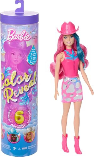 Barbie Color Reveal Colección Estrella de la disco Muñeca y accesorios con 6 sorpresas, brillo metálico y corpiño con cambio de color (los estilos pueden variar), JCP01