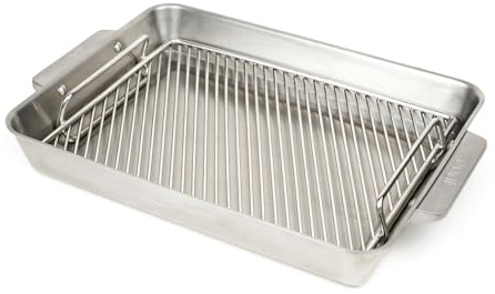 Ooni Large 17 x 12 Roasting Pan - Non Stick Stainless Steel Roasting Tray with Rack and Wooden Carving Meat Board, Ovensafe Cookware, Roaster Tin
