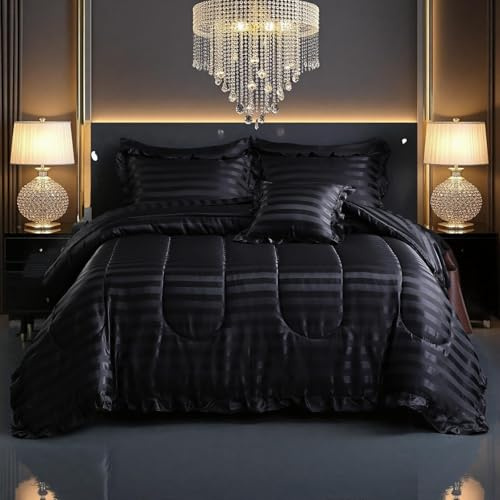 Bedorm Black Stripe Comforter Set 6 Pcs Satin Queen Comforter Black Lace Ruffle Bedding Silk Like Silky Comforter Sets with Sheets Soft Cozy Satin Bed in A Bag