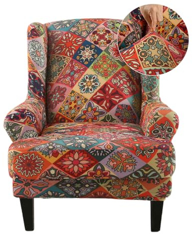 Highdi 2-Teilig Ohrensessel Überzug, Sesselüberwürfe Ohrensessel Schonbezüge Bezug Elastisch Sesselhusse Bohemian-Mandala Sesselbezug Tiger Stuhlbezug mit Armlehne Universal (Oranges Mandala)