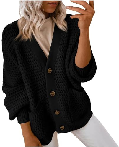 FUPODD Damen Strickjacke Grobstrick Schwarz Longstrickjacke Damen