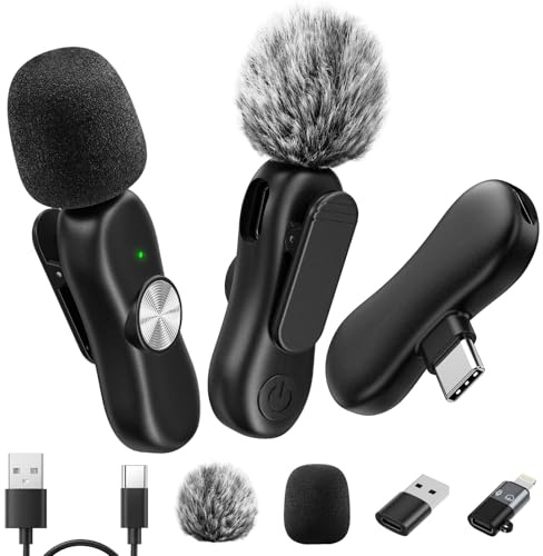 GlasFlength Kabelloses Lavalier Mikrofon für Handy, Lavalier Mikrofon Wireless mit Rauschunterdrückung Mini Mikrofon USB-C/Lightning/USB Bluetooth Microphone für Videoaufzeichnung Vlog YouTube Tiktok