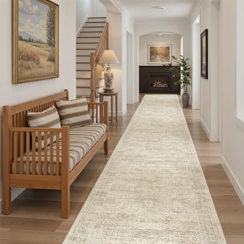 Soalmost Runner Rug 2'6 x 14' Washable Non-Slip Runner Rugs for Kitchen Bathroom Laundry Room Vintage Ultra Thin Runners for Hallway Entryway Beige