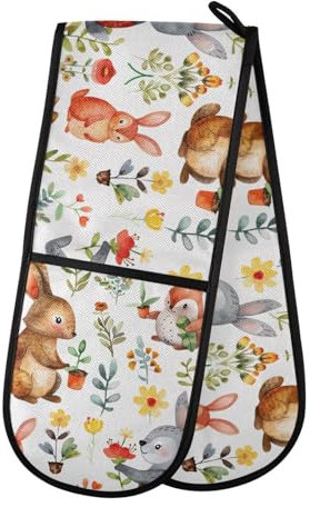 Ofenhandschuhe, doppelte Ofenhandschuhe, Kaninchen, Blumenblätter, weiß, hitzebeständig, gesteppt, für Grillen, Backen, Küche, Kochen, Handschuhe