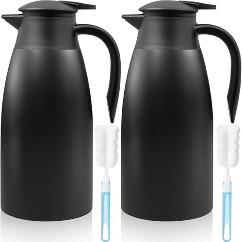 2 Stück Thermoskanne, 2L Thermo Kaffeekanne, Isolierkanne Edelstahl für heiße Flüssigkeiten, Ausgießer mit Bürsten, hält 12 Stunden heiß (Schwarz)