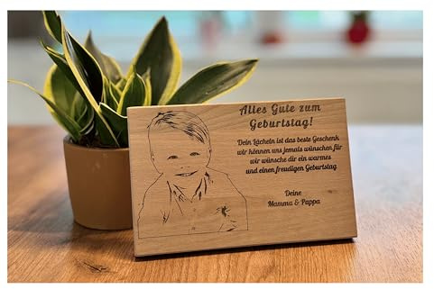 PinchOfYOU Personalisiertes Foto auf Holz, Holzgravur : Hochzeit, Geburtstag, Jahrestag, Valentinstag. Geschenk für Mama, Papa, Kinder, Baby, Mann, Frau (mit Text bis zu 3 Feldern 20 X 13cm)