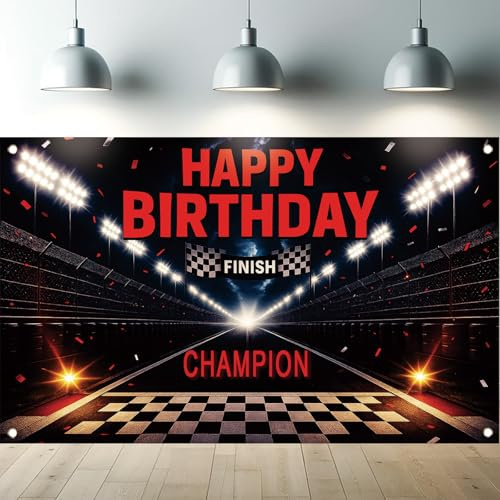 Starlit Patio Happy Birthday Backdrop Motorsport Finish Line Race Track Racing Car Banner Checkered Flag Champion Birthday Party Photography Background for Boys Kids Men Photo Props 71 x 43 Inch