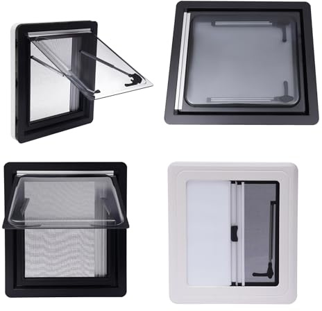 Fenêtre basculante externe camping-car, 450x500 mm, aluminium, store intégré, moustiquaire, 70°, camionnette, caravane (noir/blanc)