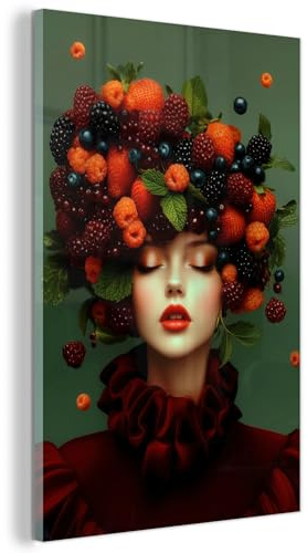 MuchoWow© Wandbilder Glas Schlafzimmer Home Deko Wohnung Bild Wohnzimmer | 80x120 cm - Wand Glasbilder Leinwand Wall Decor Frau - Erdbeeren - Himbeeren - Brombeeren - Beeren