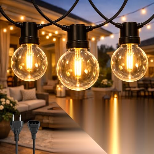 M mimotec – Guirnalda Exterior Cable Eléctrico 7,5M, 25 Bombillas, Luz Cálida 2200K, IP56 Impermeable, Decoración para Terraza, Entrada, Patio y Jardín