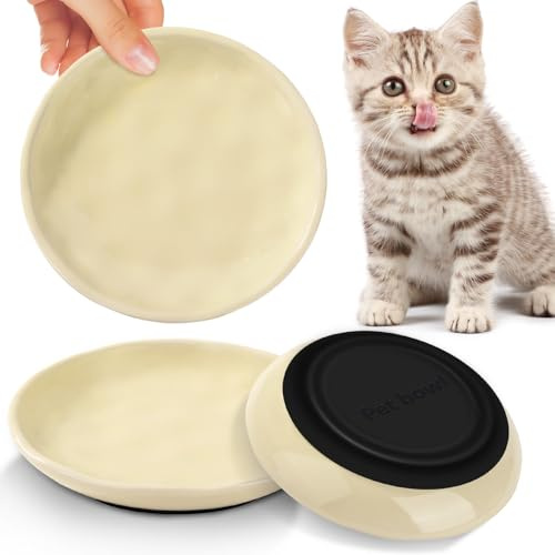 Ezvsevuo 3 Stück Katzennapf Flach Keramik, Futternapf Katze mit Rutschfestem Silikonboden, Beige Katzenschüssel Anti Whisker Fatigue, Katze Napf, Katzenteller Napfset für Katzen und Kleintiere