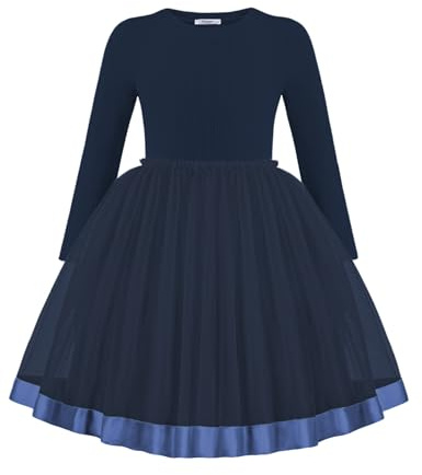 Arshiner Fille Pull Robe Tulle Enfants Fête Automne Hiver Col Rond A-Ligne Loisirs Manches Longues Robe pour Filles 9-10 Ans Bleu Marine