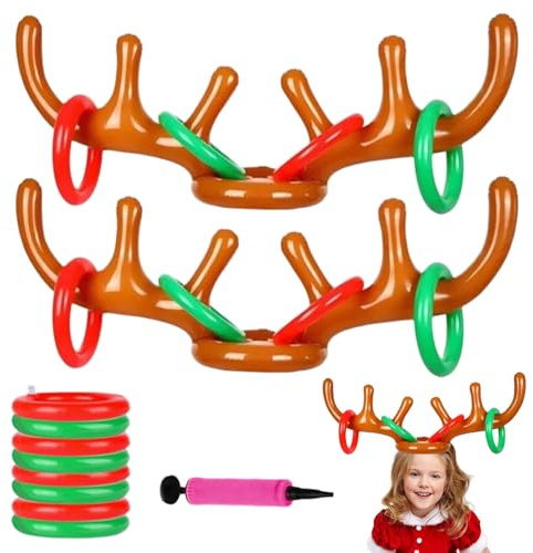 Ringwurfspiel Aufblasbare,Aufblasbares Rentier,2 aufblasbares Geweih+8 Ring-Rentier-Ringwurf,Perfekt für Weihnachtsfeiern, Familienspiele und Spiele im Freien