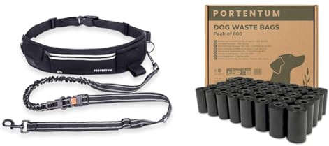 PORTENTUM Hunde Joggingleine Freihand mit Bauchgurt Schwarz + 600 Hundekotbeutel Auslaufsicher aus Recyceltem Material - Essential Set für Laufen, Wandern und Bequeme Spaziergänge