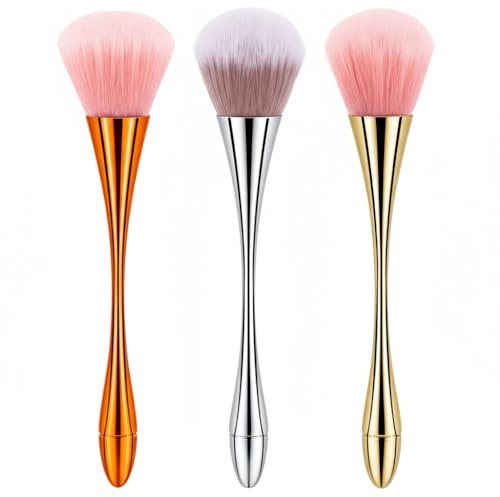 3Pcs Large Powder Makeup Brush， Blusher Brush, Makeup Brush, Packing/Setting, Buffing, Blending, Sculpting. Suitable for Blush, Highlighter And Bronzer (Gold, Silver, Rose Gold)