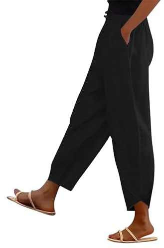 Womens Black Trousers,Wide Leg Cotton Linen Trousers for Womens UK 2026 Summer Fashion Lounge Pants Solid Elasticated Boho Trouser Ladies Cropped Holiday Tracksuit Bottom Joggers