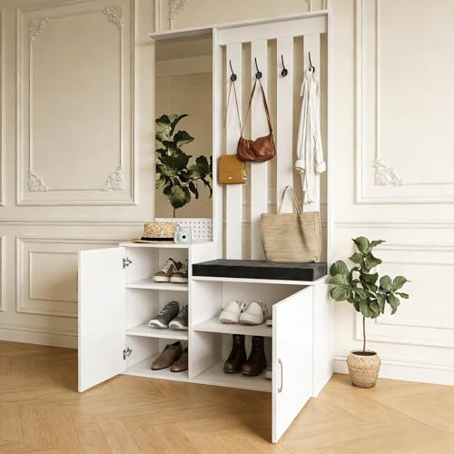 PerGar Ensemble vestiaire de couloir avec banc et miroir, armoire à chaussures, 4 crochets, banc à chaussures, pour entrée, couloir, 100 x 40 x 180 cm, blanc